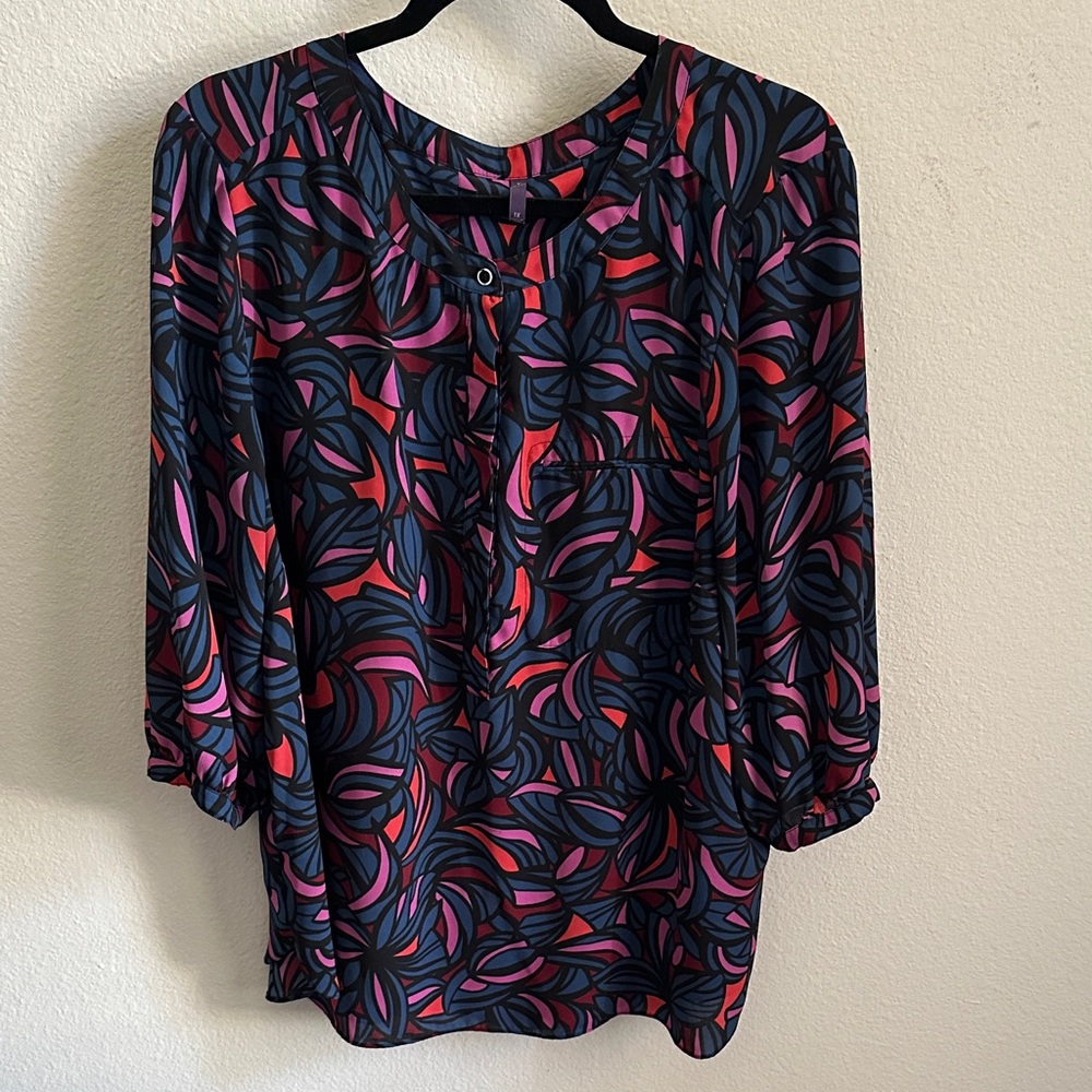 NYDJ Navy, Black, Red and Pink Patterned Blouse